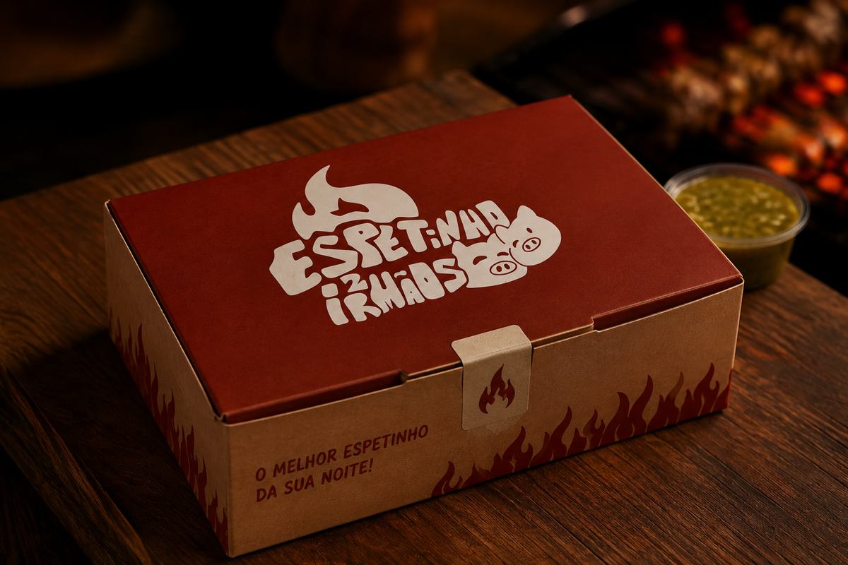 Embalagem de delivery vermelha com o logo do Espetinho 2 Irmãos