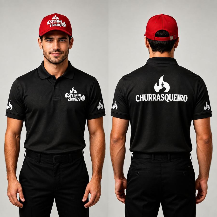 Uniforme preto de churrasqueiro com boné vermelho